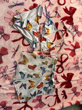 SHEIN White Bikini with Multicolor Butterfly Print and Sheer Cover-Up
